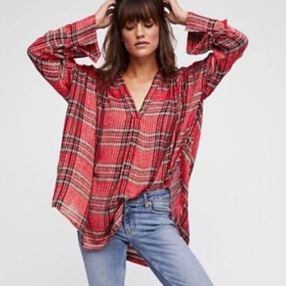 Free People Red Fearless Love Sequin Plaid Festive Tunic Top